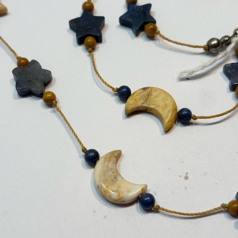 Carved Stone Crescent yellow  moon, blue Stars yellow blue round stones necklace